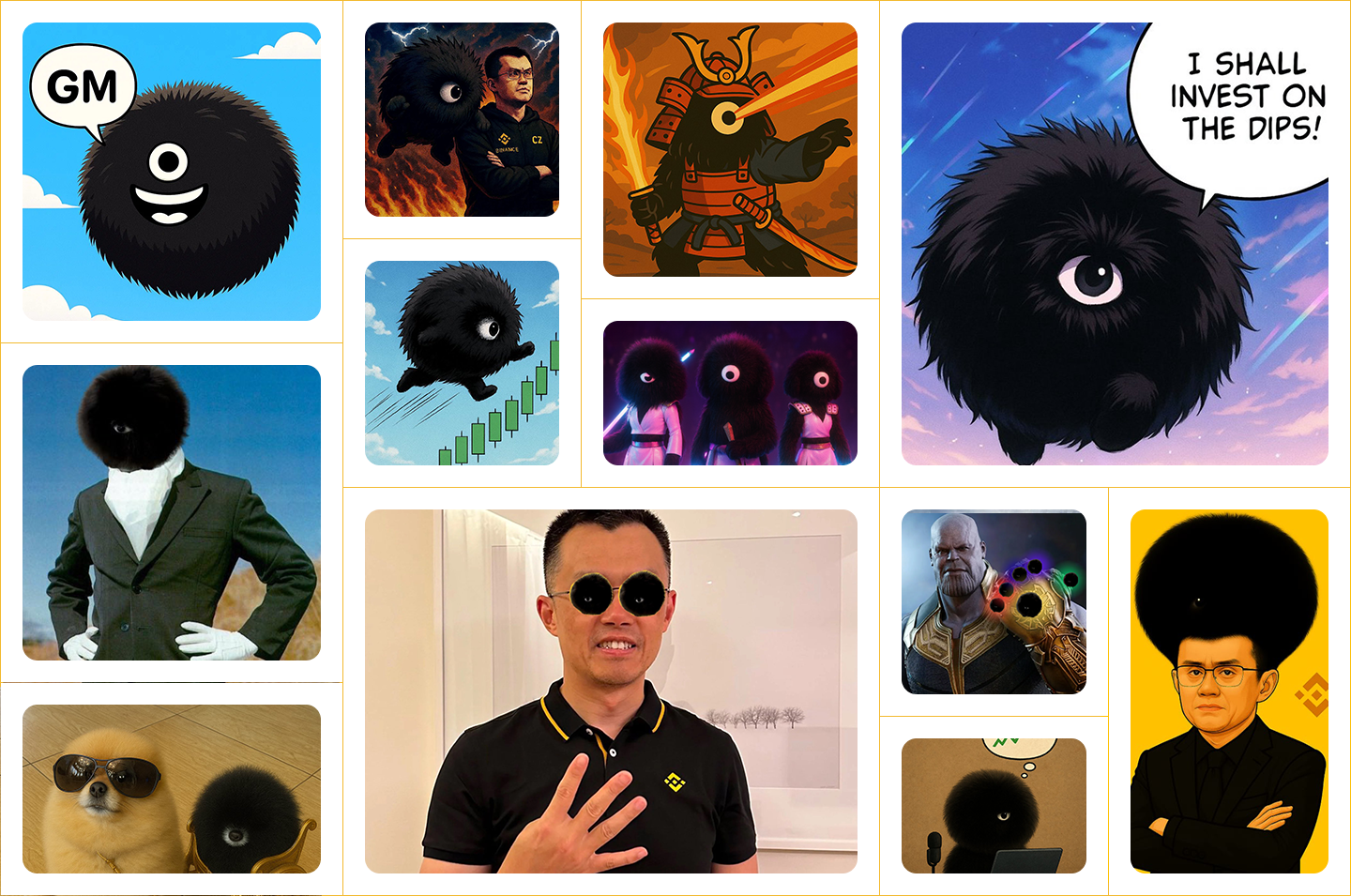 YOUSHERY Collage - Fluffy black cyclops creature in various crypto scenarios
